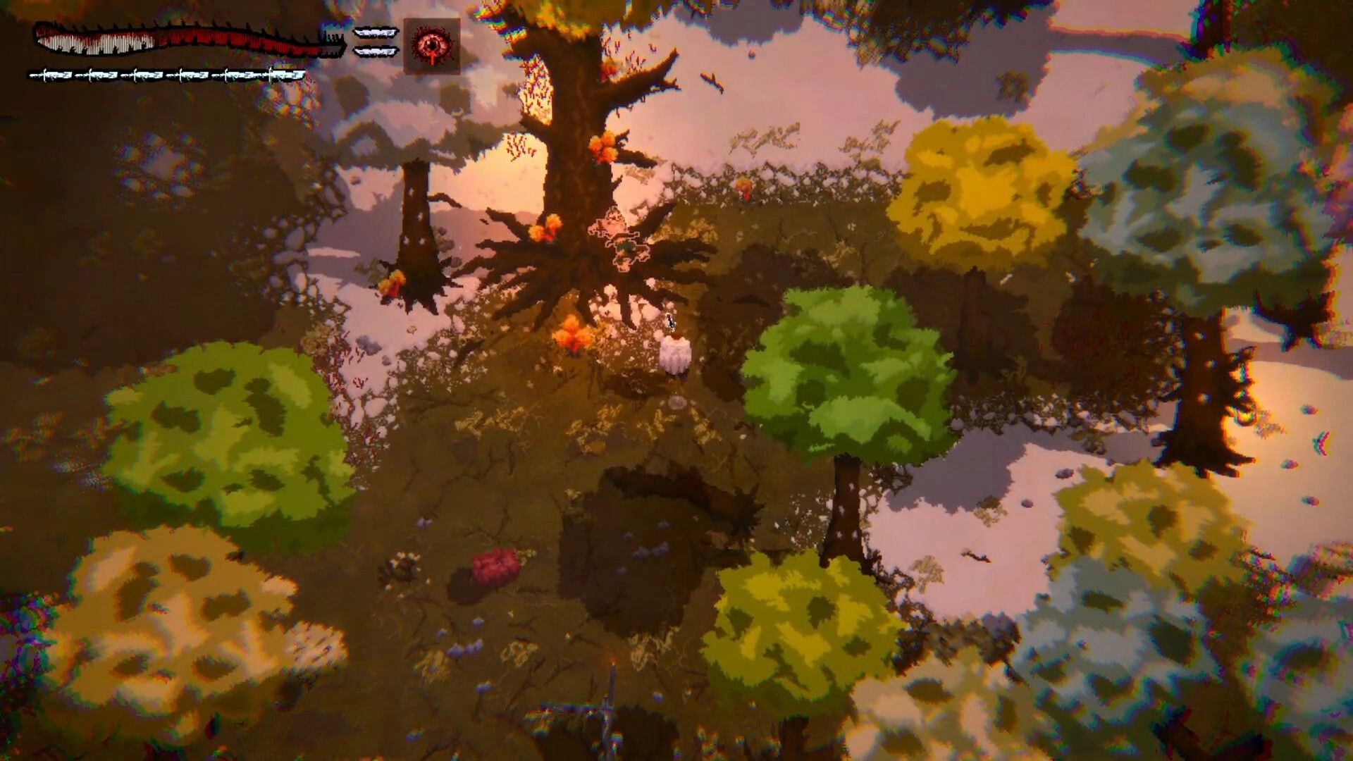 Reverie: Player stands in a forest clearing beside a huge tree, with health and eye icon HUD visible.