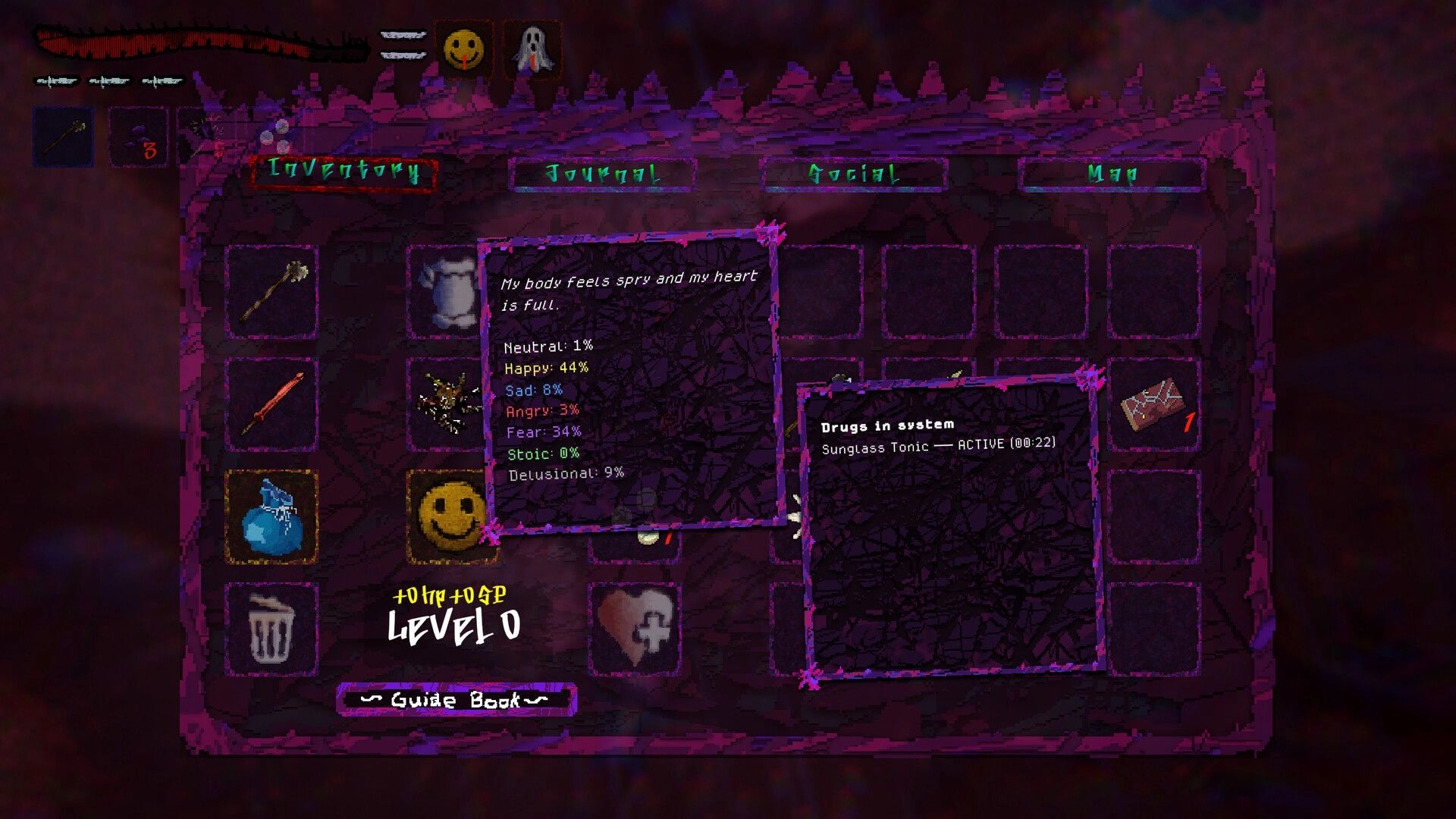 Reverie: Inventory menu with items and mood stats, Sunglass Tonic active in purple UI panel.