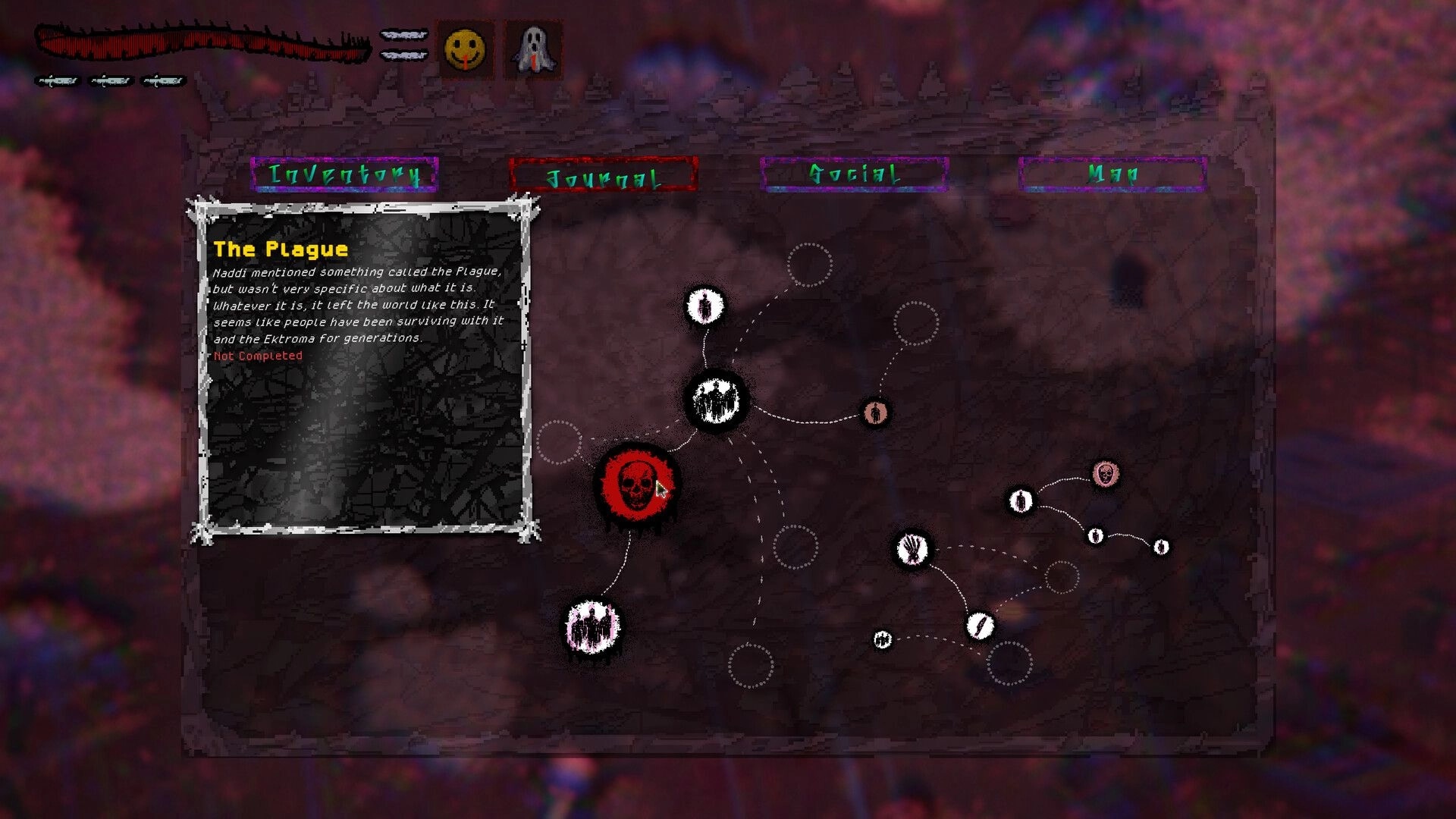 Reverie: Journal quest “The Plague” open beside a node map of linked icons on murky backdrop.