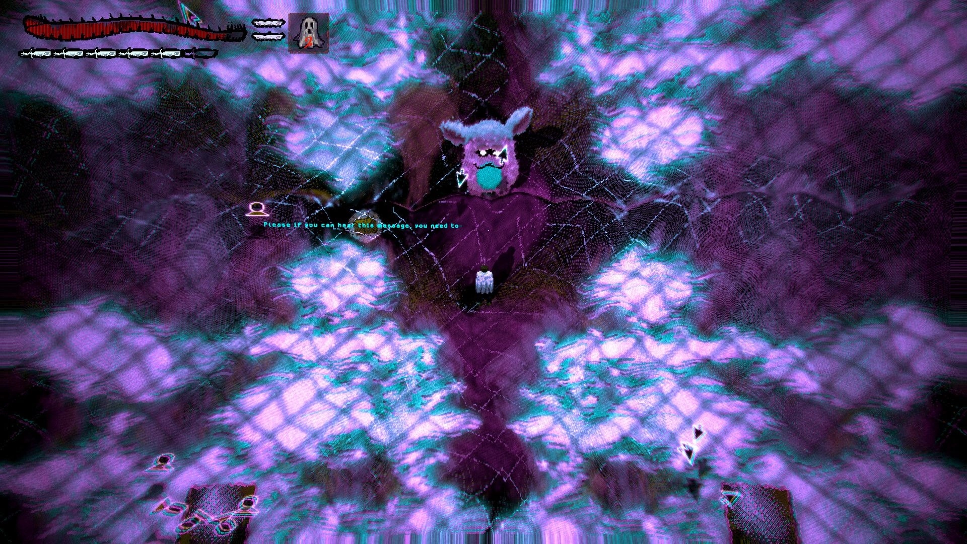 Reverie: Player faces a horned creature with dialogue prompt in a purple, glitchy cavern arena.
