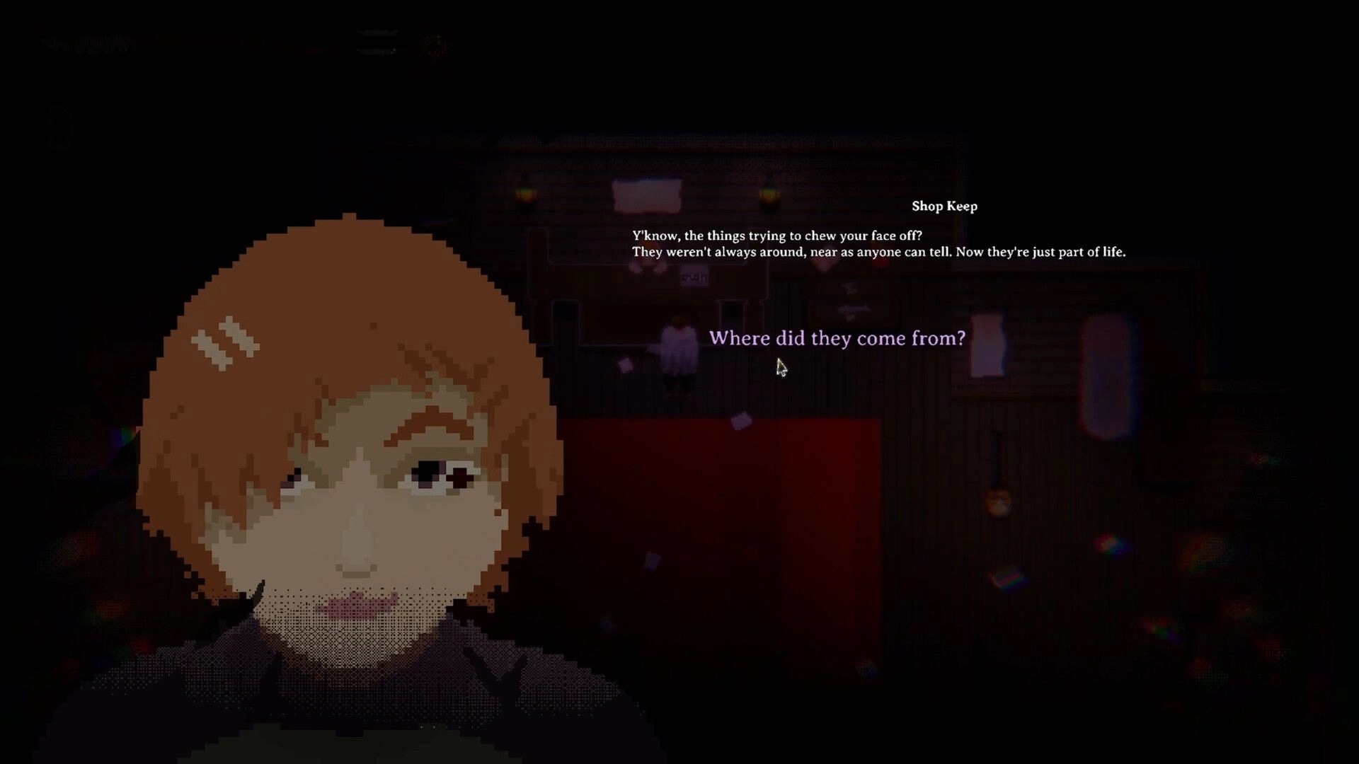 Reverie: Dialogue with Shop Keep NPC close-up inside dim wooden shop, question prompt displayed.