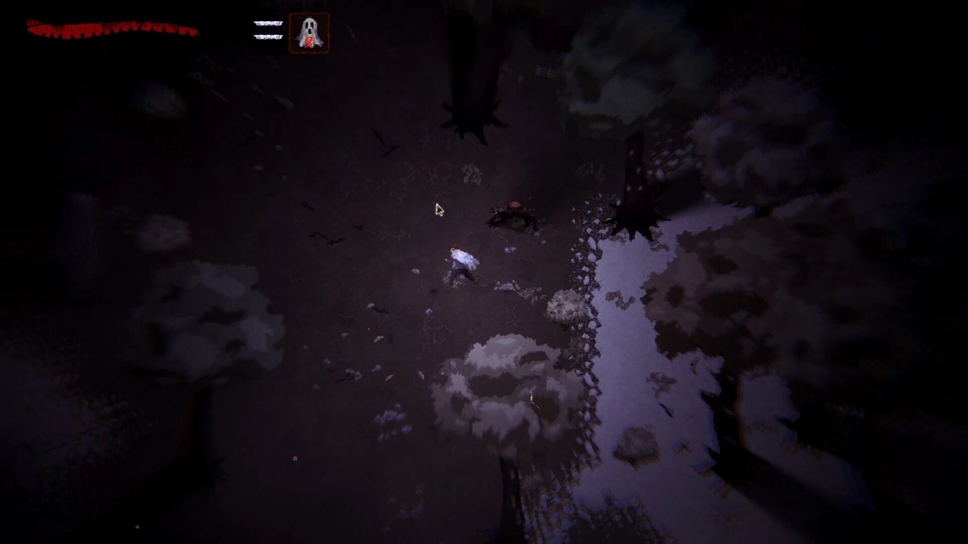 Reverie: Player character explores a dark snowy forest path with red health bar and skull icon UI.