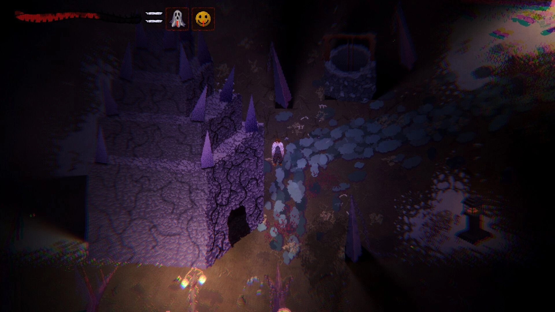 Reverie: Player character walks a rocky path past purple spikes in a dark cave, red health bar HUD.