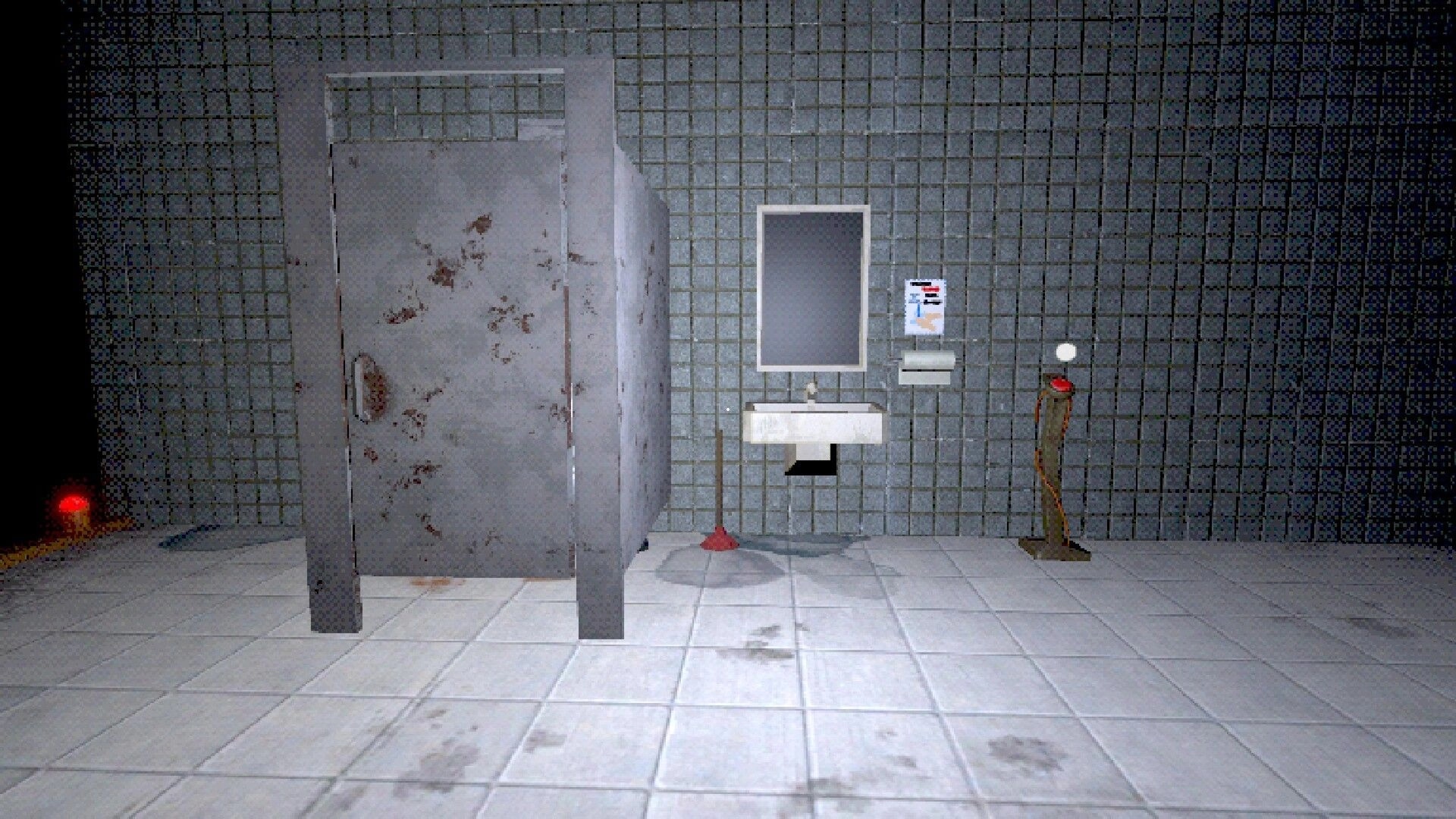 Reverse T-gotchi: Grimy bathroom with a rusty stall, sink, plunger, and ominous red button on stand