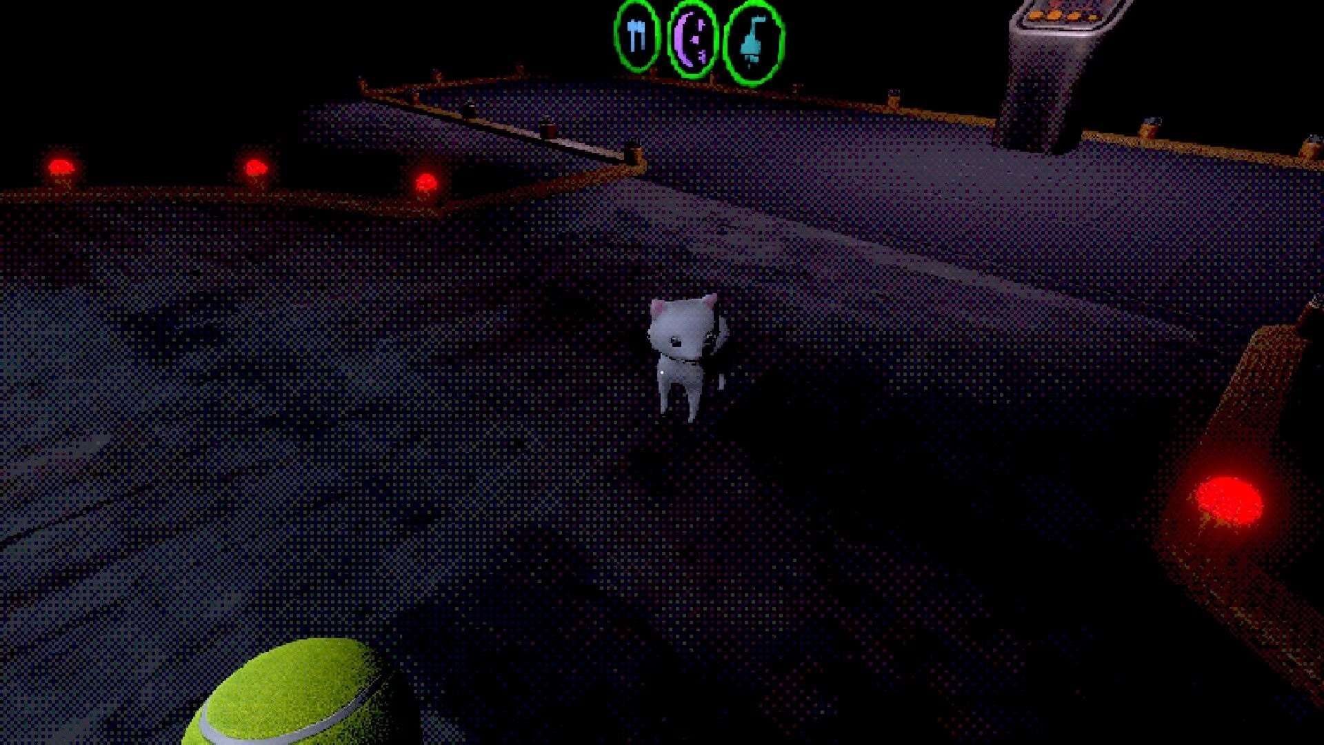 Reverse T-gotchi: Small creature near tennis ball in dark room with glowing red lights and UI icons