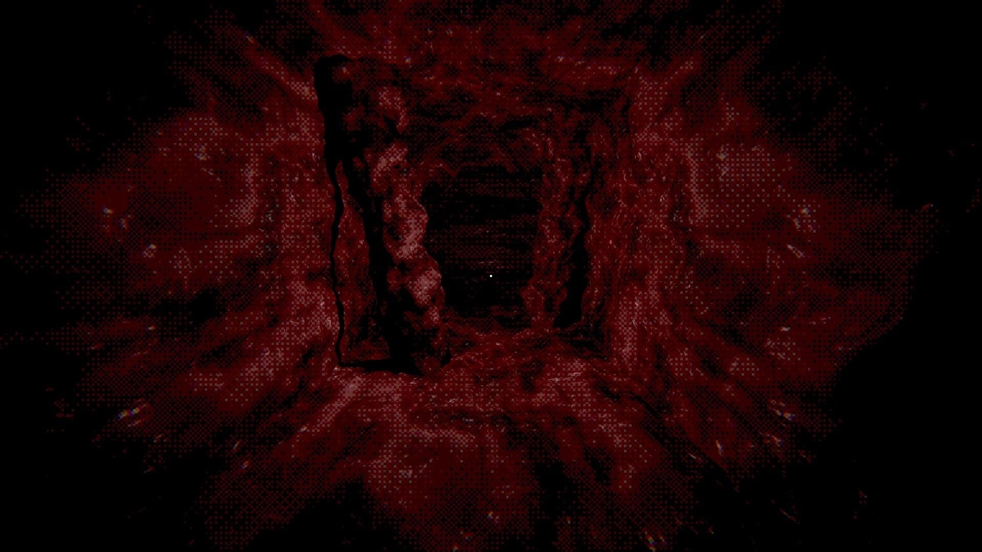 Reverse T-gotchi: Dark, eerie tunnel with red organic walls creating a claustrophobic environment