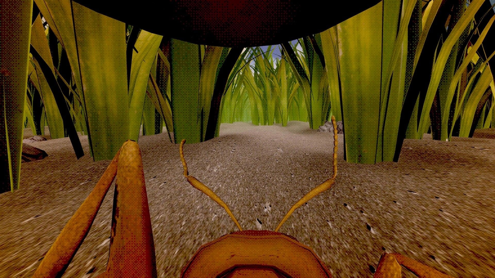 Reverse T-gotchi: First-person view crawling through dense grass with insect antennae visible