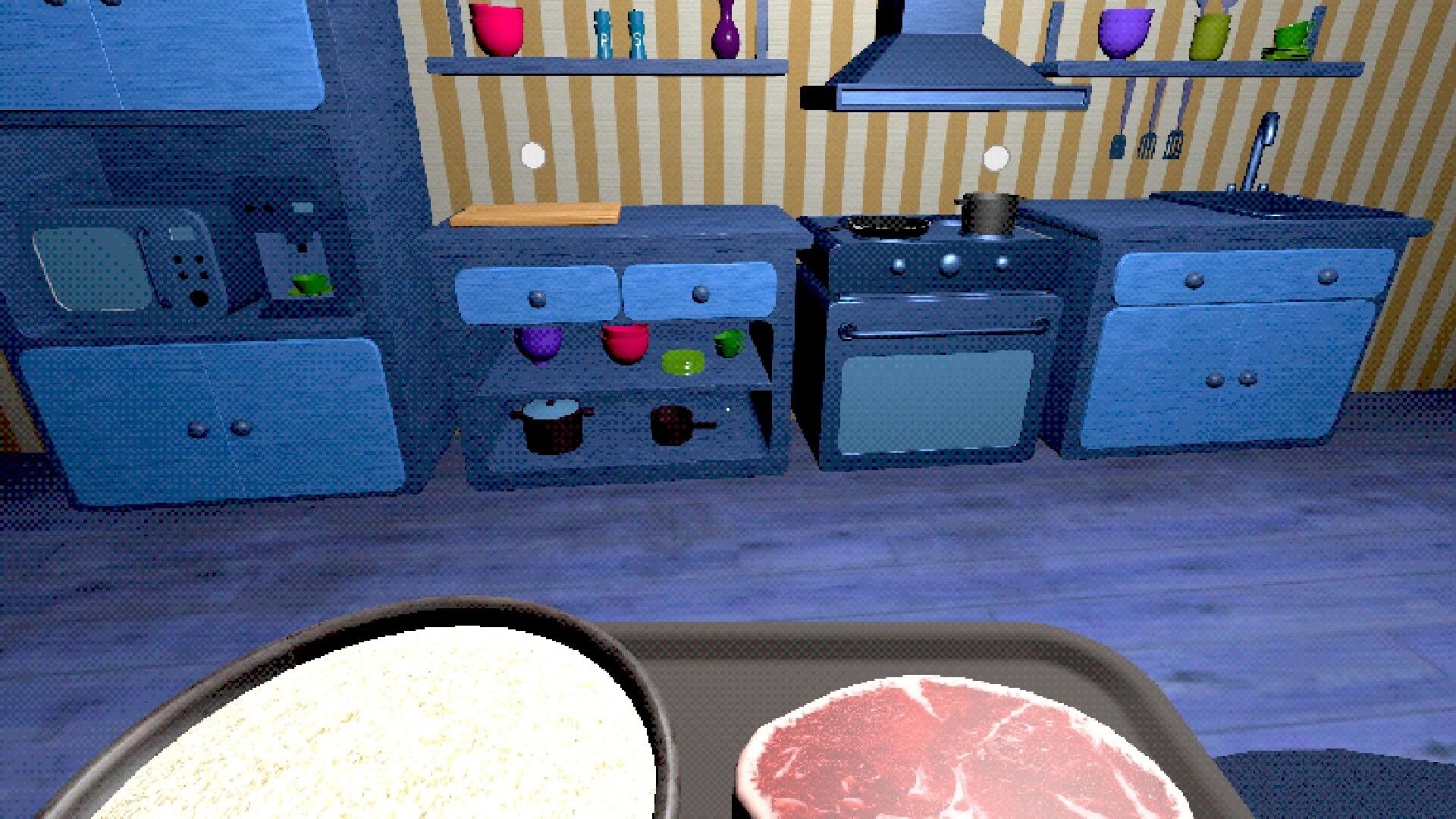 Reverse T-gotchi: Preparing food on tray in a colorful kitchen with shelves and cooking utensils visible