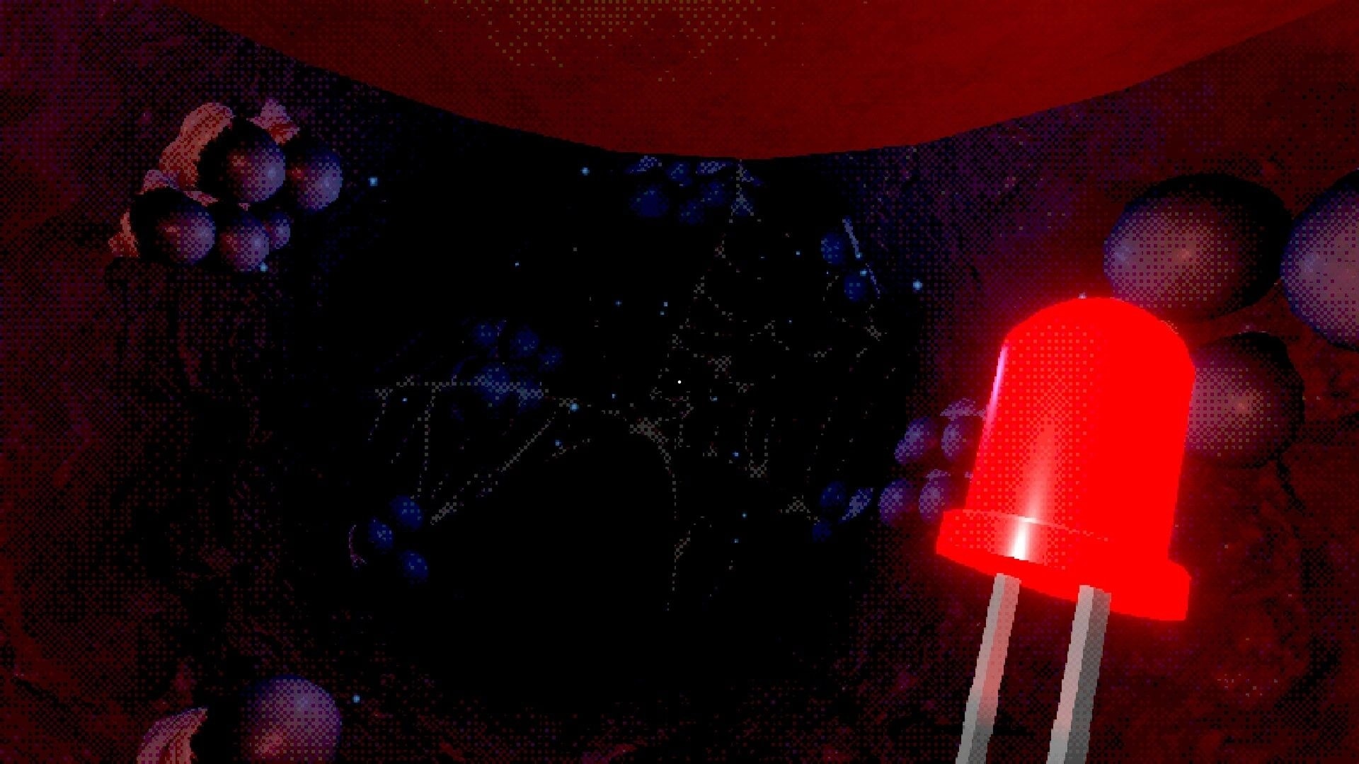 Reverse T-gotchi: Red LED light in dark cave with glowing blue orbs and cobwebs in the background.