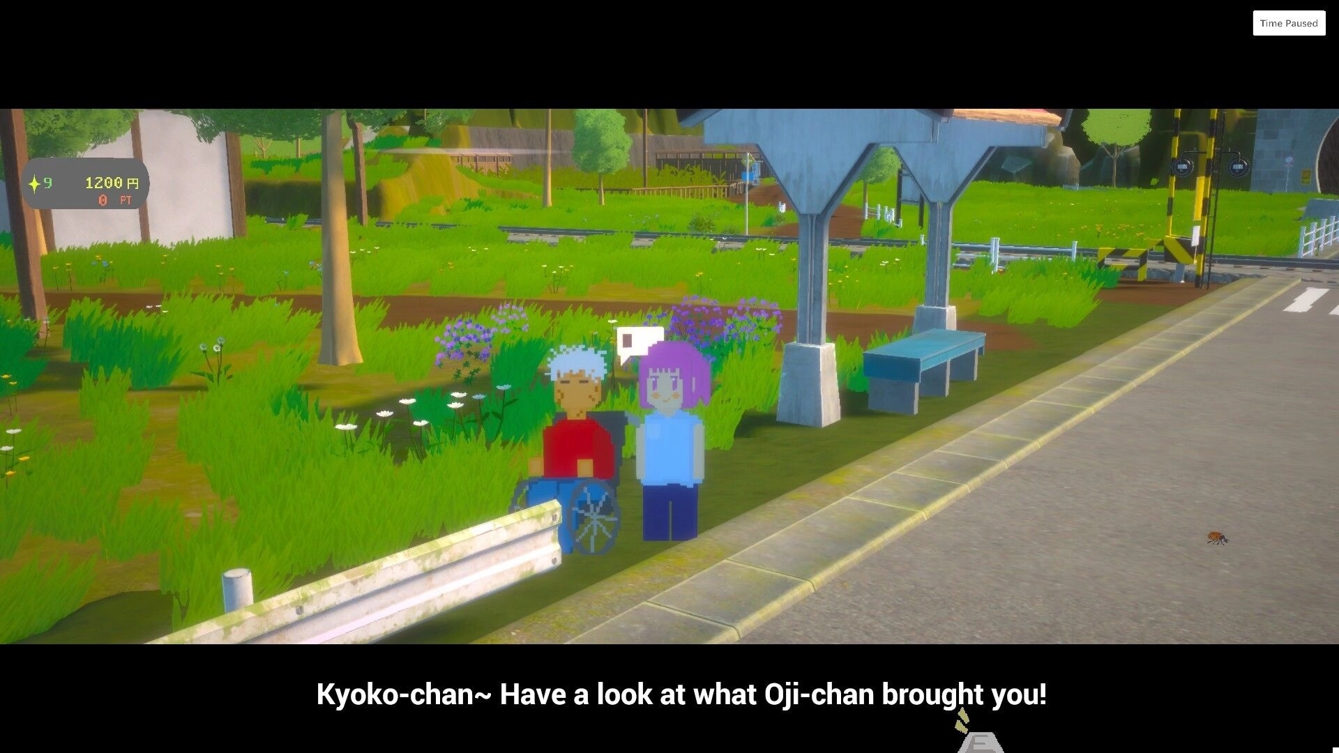 Revive! Onsen Town!: Dialogue with two pixel villagers by a roadside shelter near grassy fields and tracks.