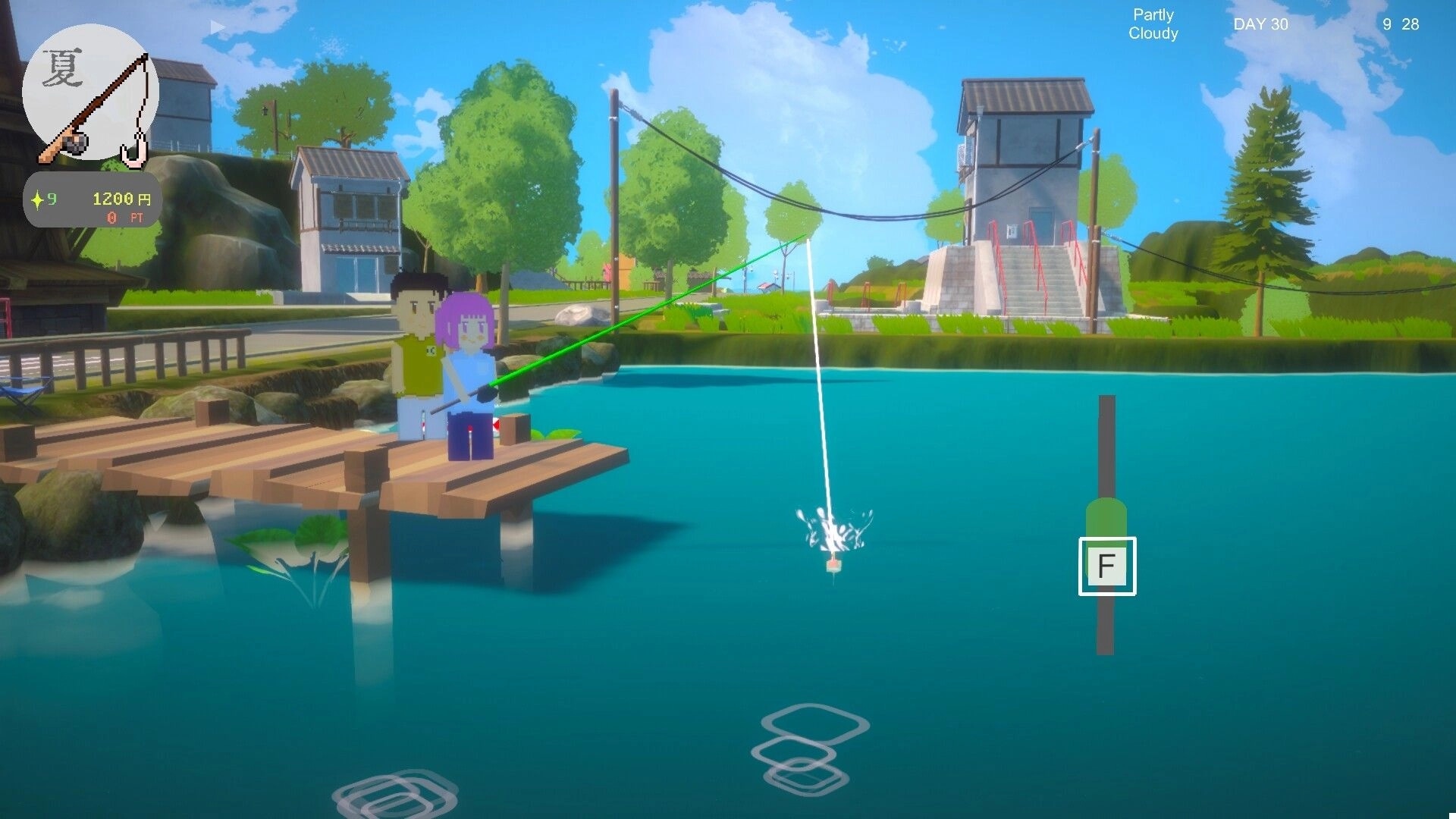 Revive! Onsen Town!: Fishing on a wooden dock with F prompt and bobber splash by lakeside town homes.