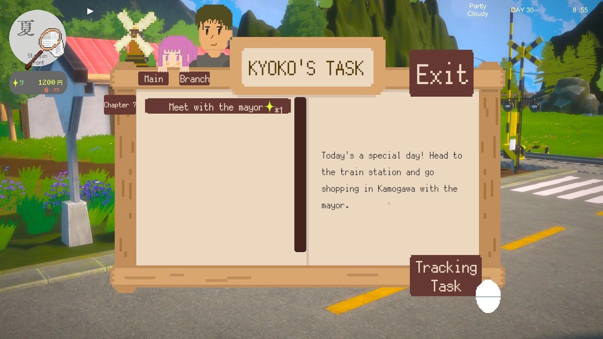 Revive! Onsen Town!: Kyoko's Task quest menu open by train crossing, with day 30 weather UI visible.