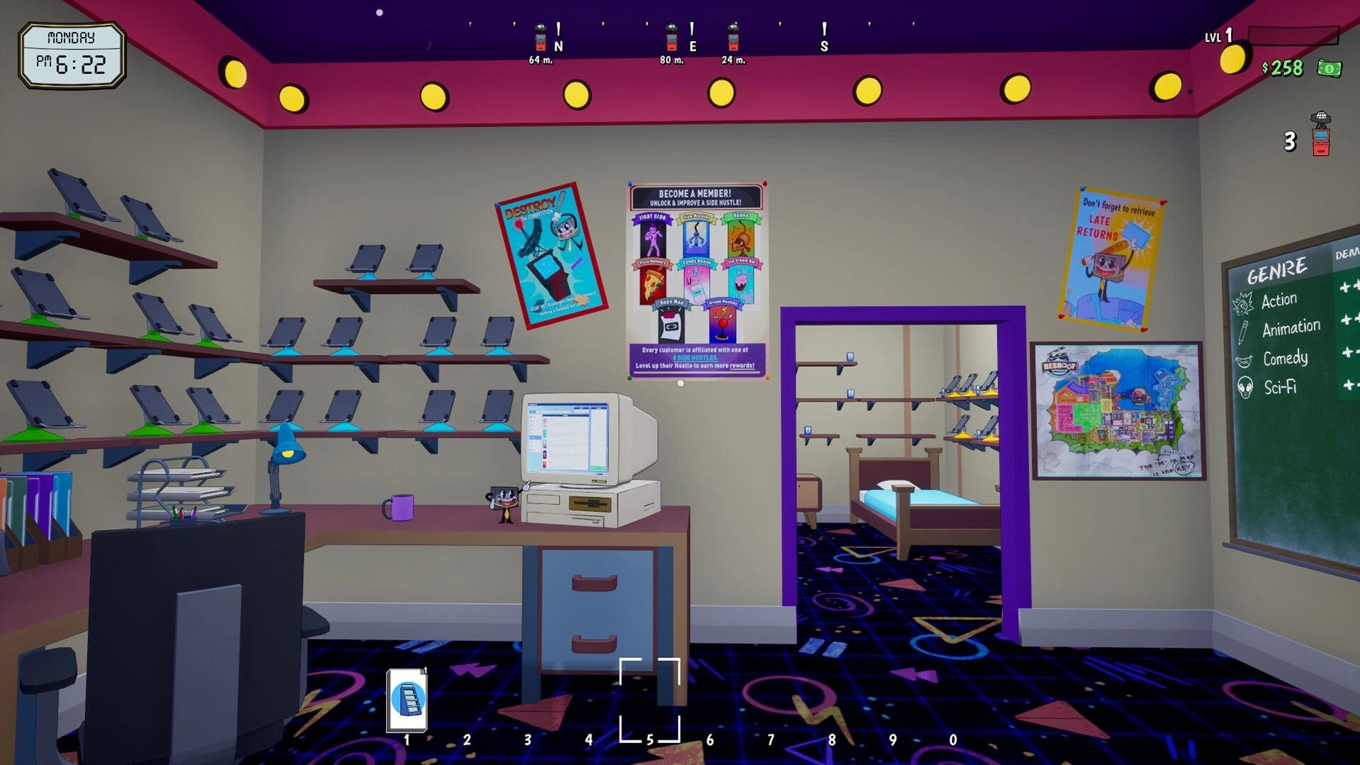 Rewind 99: Office desk with CRT computer and empty shelves, posters and doorway to backroom bedroom.