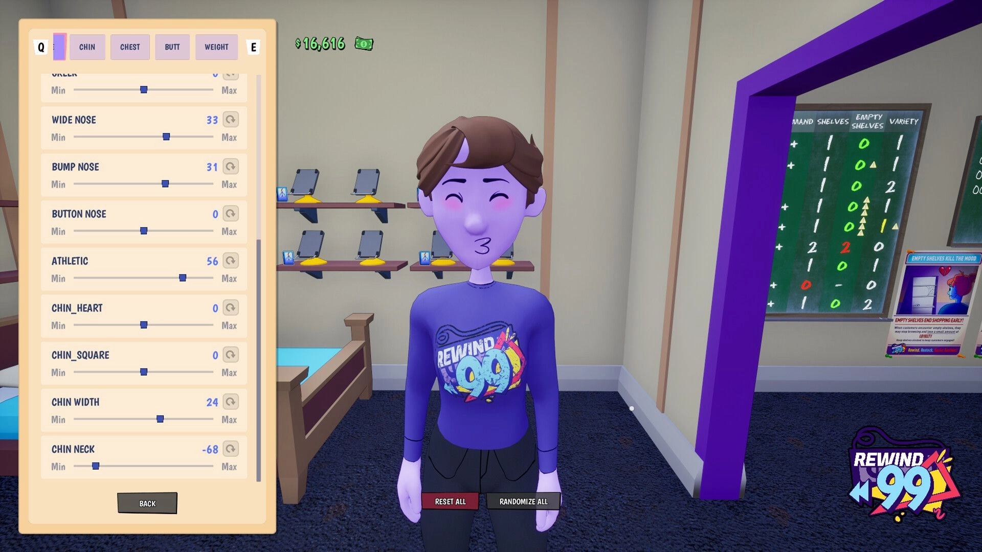 Rewind 99: Character customization sliders for face and body with avatar in a video store back room.