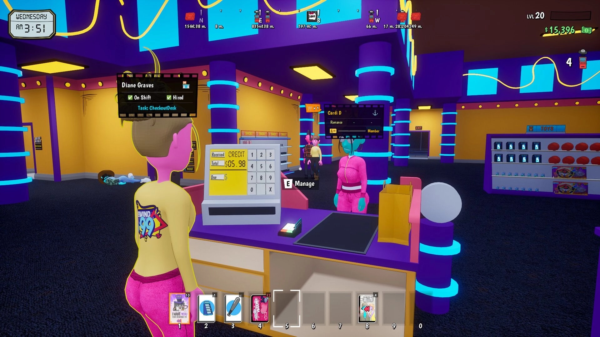 Rewind 99: Checkout desk interface with employee card and keypad inside neon video store lobby.