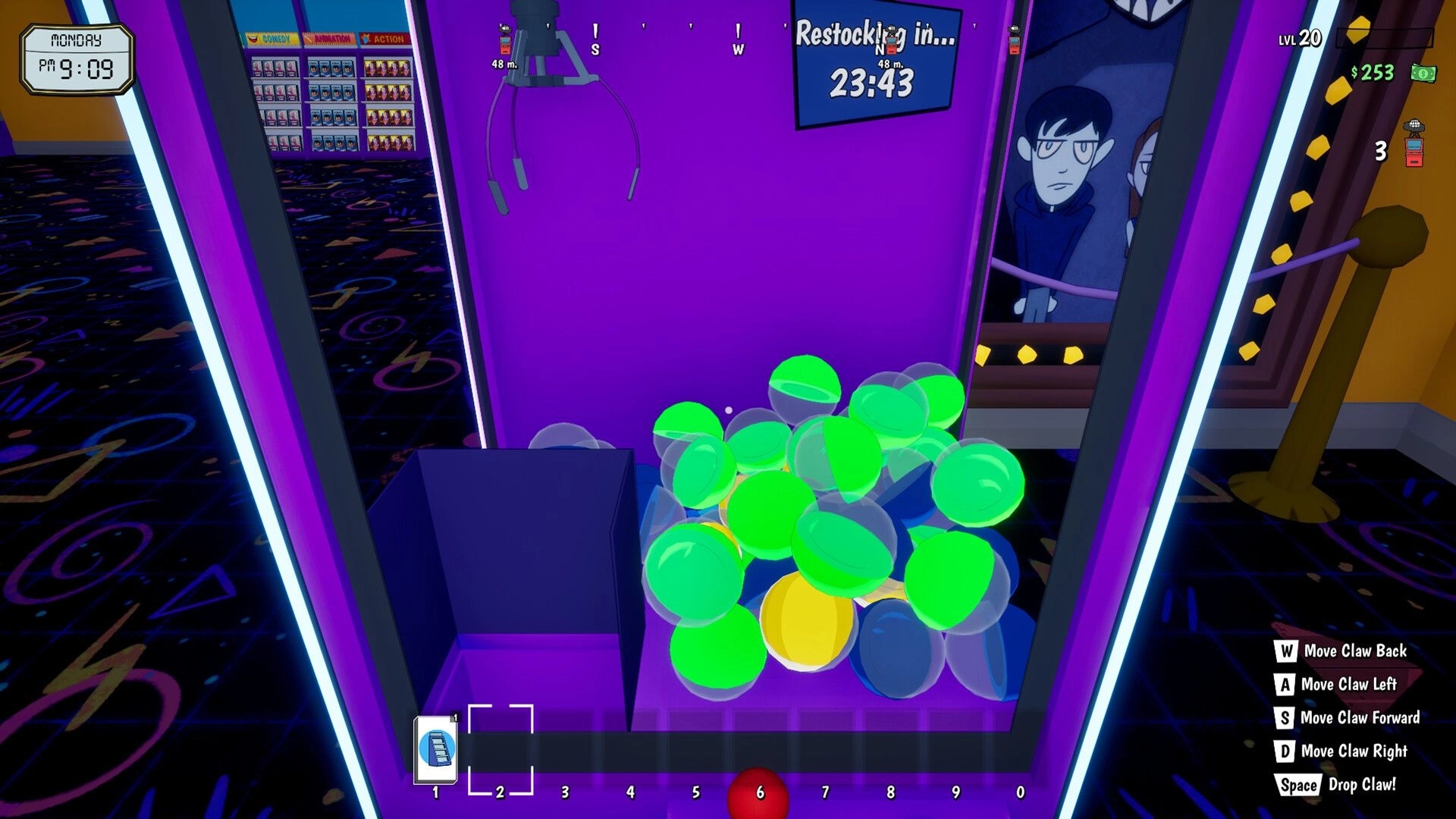 Rewind 99: Claw machine minigame with neon balls and restock timer UI in arcade corner.