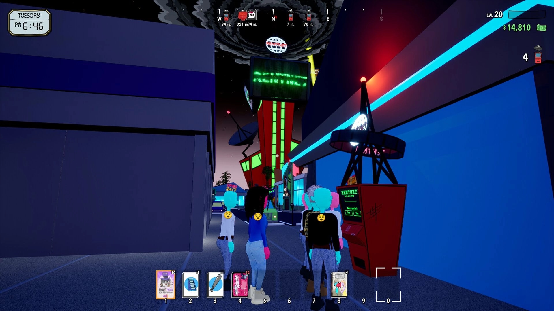 Rewind 99: Player walking past NPCs and an arcade cabinet on a neon-lit city street at night.