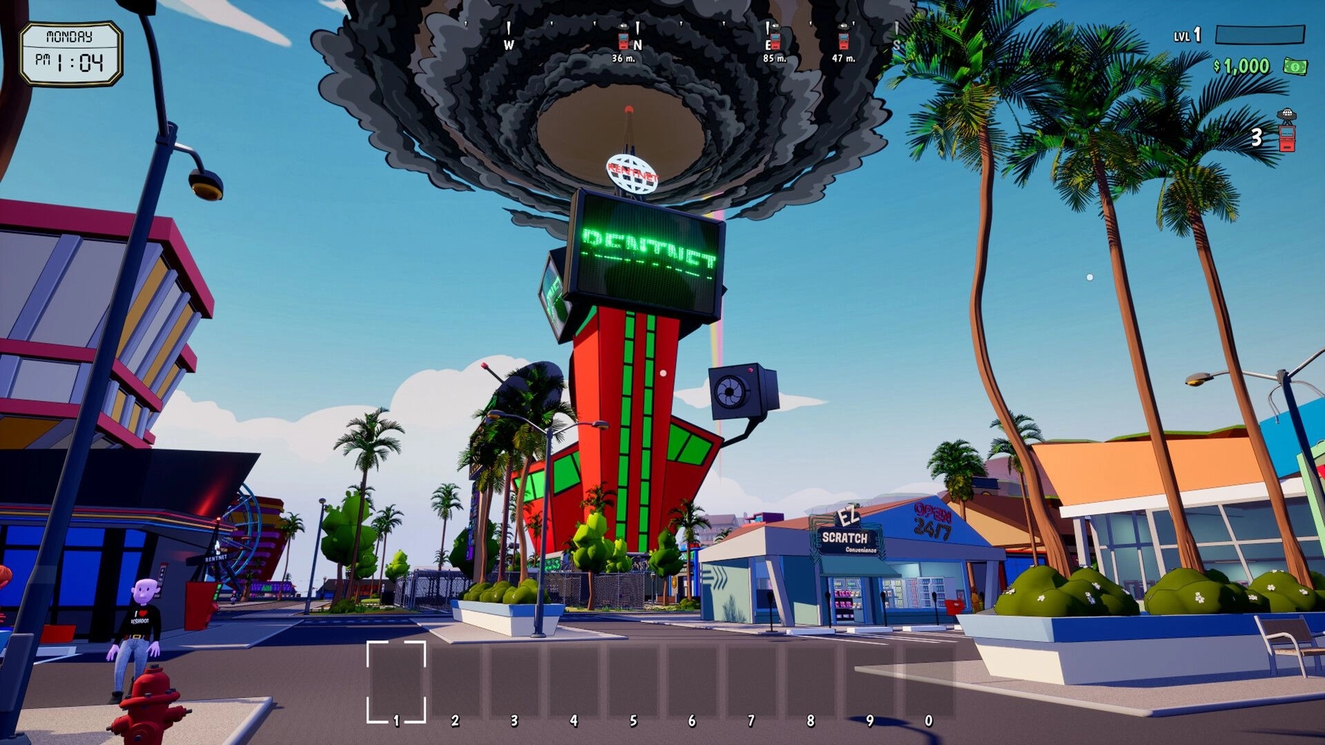 Rewind 99: Street view with HUD and hotbar facing tall red tower and stores under smoky sky.
