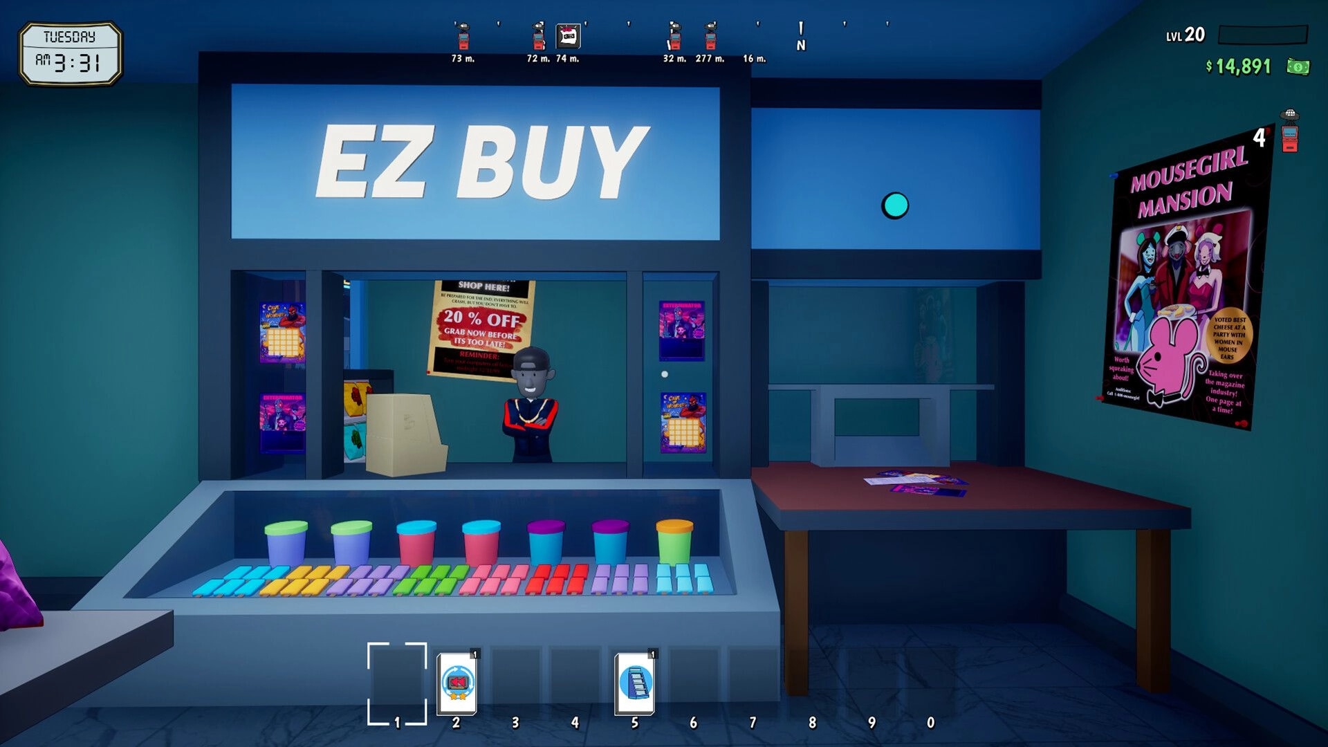 Rewind 99: Player at EZ BUY counter with clerk and cash UI inside a small convenience shop interior.