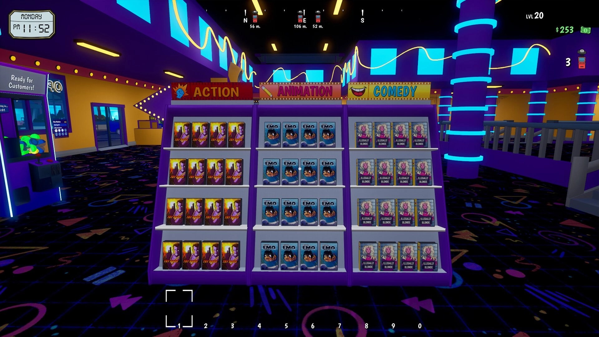 Rewind 99: Browsing Action, Animation, and Comedy VHS shelves inside neon-lit video store aisle.