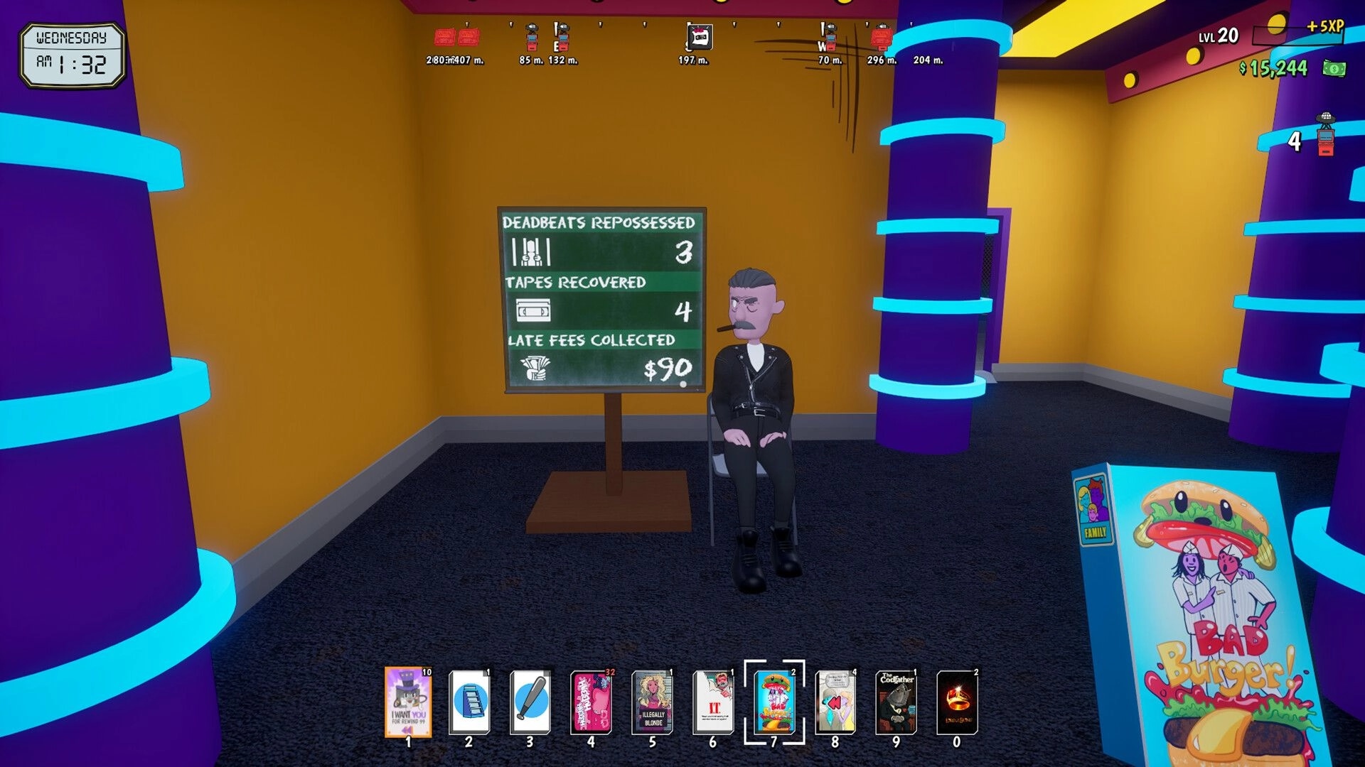 Rewind 99: Seated customer beside stats chalkboard and VHS hotbar inside neon columned store room.