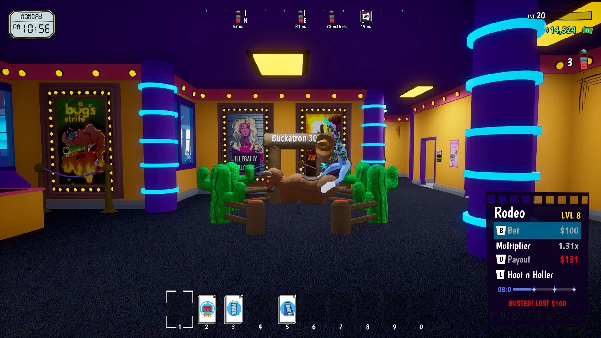 Rewind 99: Player riding mechanical bull minigame with bet UI in neon-lit movie theater lobby.