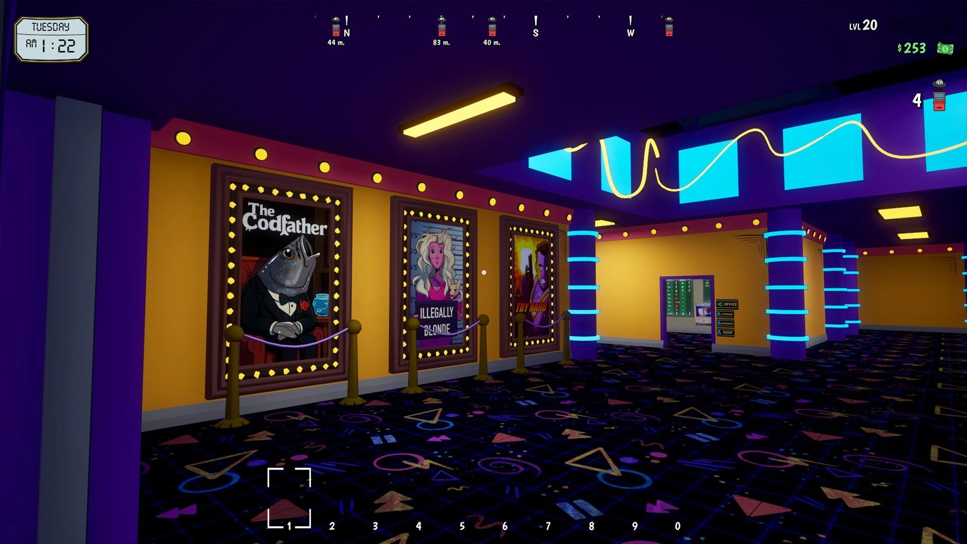 Rewind 99: First-person view of movie posters and neon pillars in a retro theater lobby corridor.