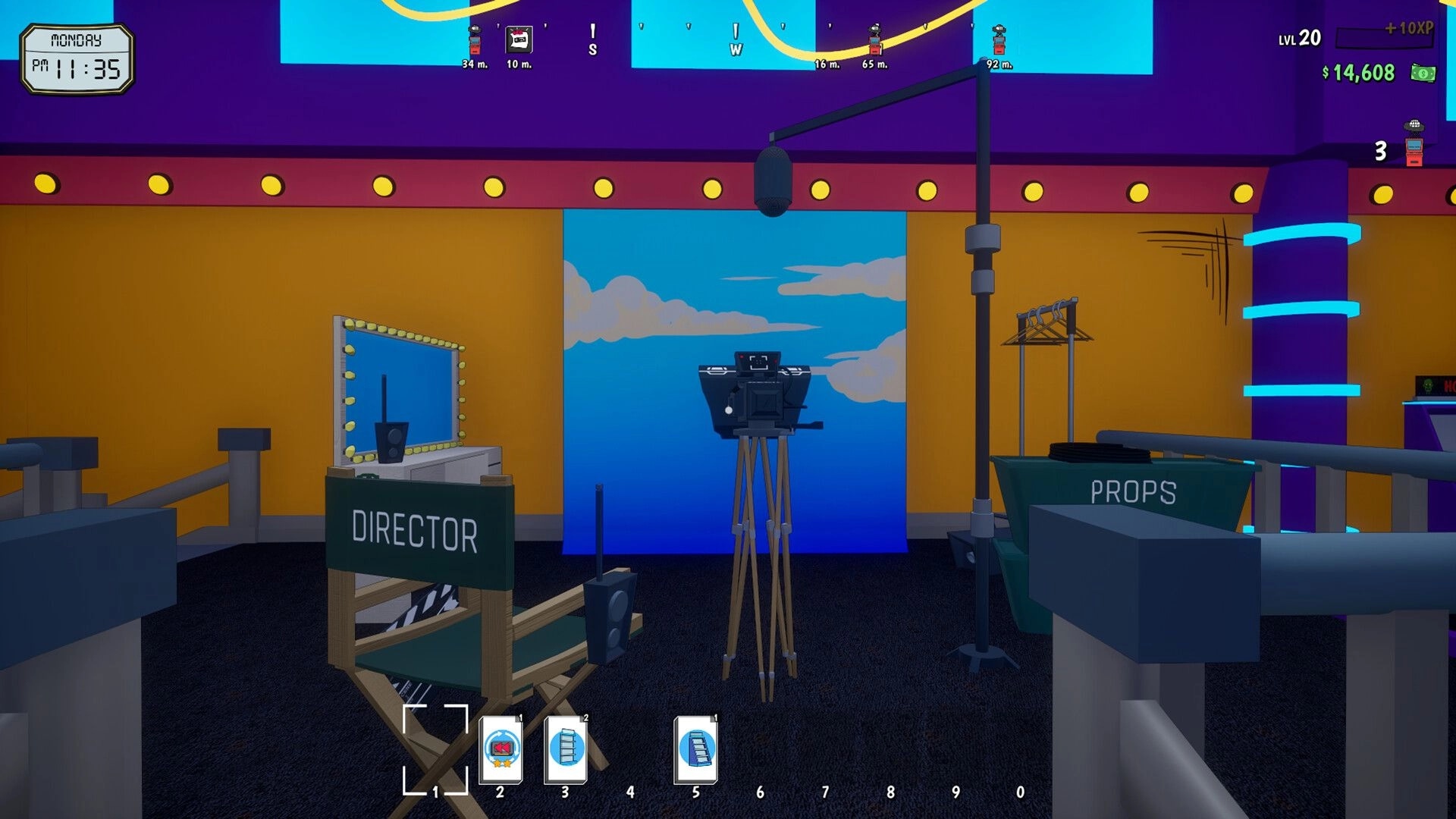Rewind 99: Film studio set with tripod camera, director chair and props cart under HUD stats.