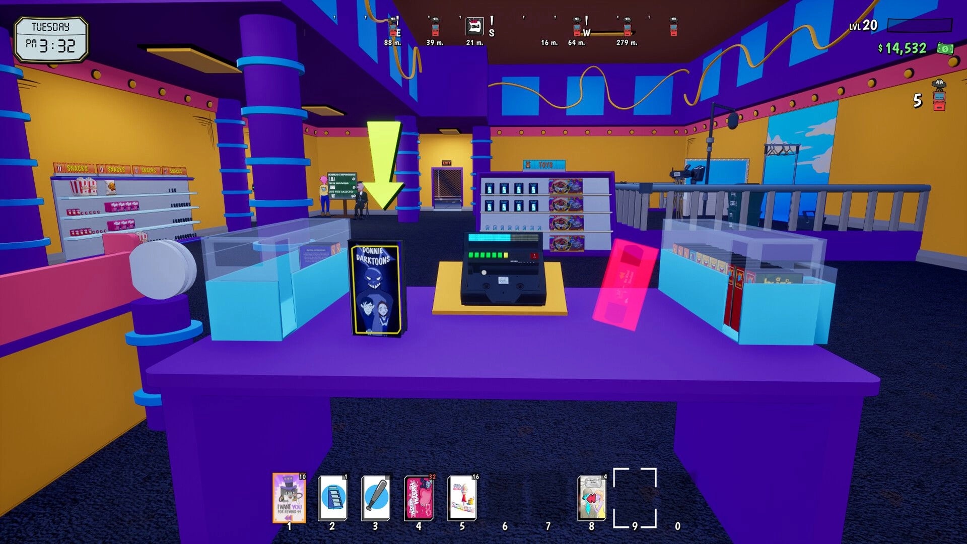 Rewind 99: Store counter with cash register and VHS cases, neon purple video shop interior UI visible.