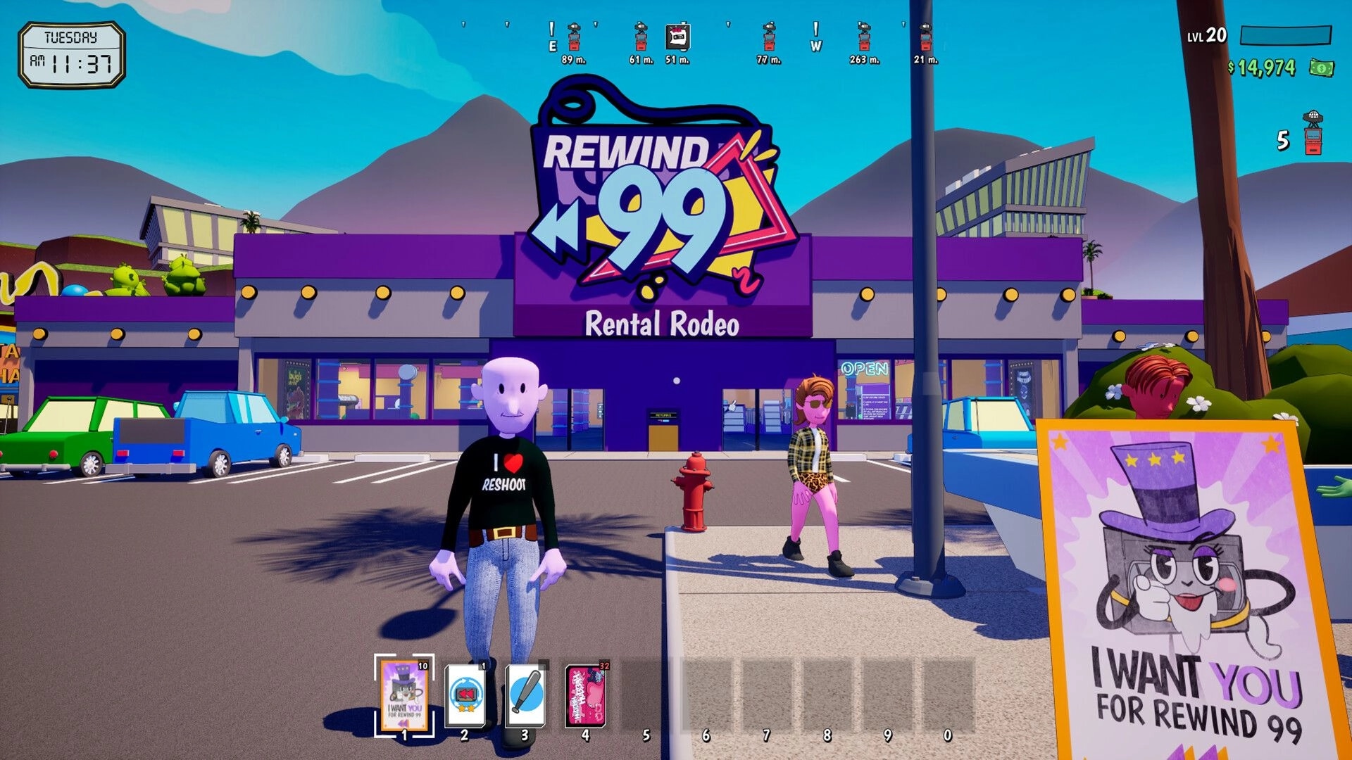 Rewind 99: Player stands outside Rental Rodeo store with HUD, cars, and recruit poster in lot.