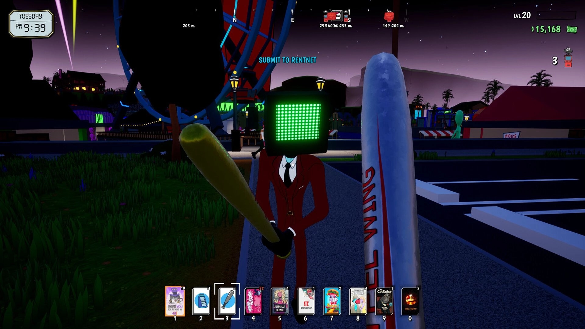 Rewind 99: TV-headed NPC with bat facing player by parking lot at night, HUD shows time and cash.