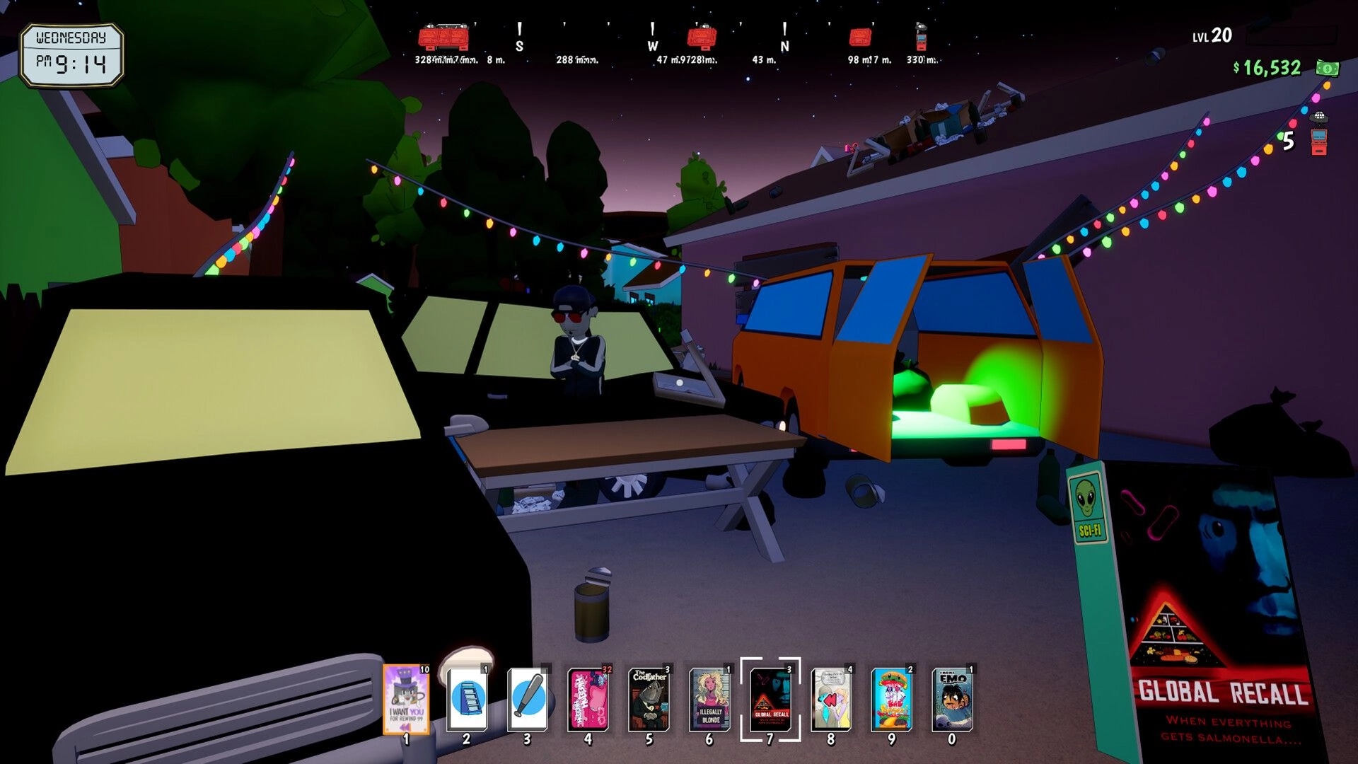 Rewind 99: Nighttime street deal with VHS cases by cars and open van under string lights.