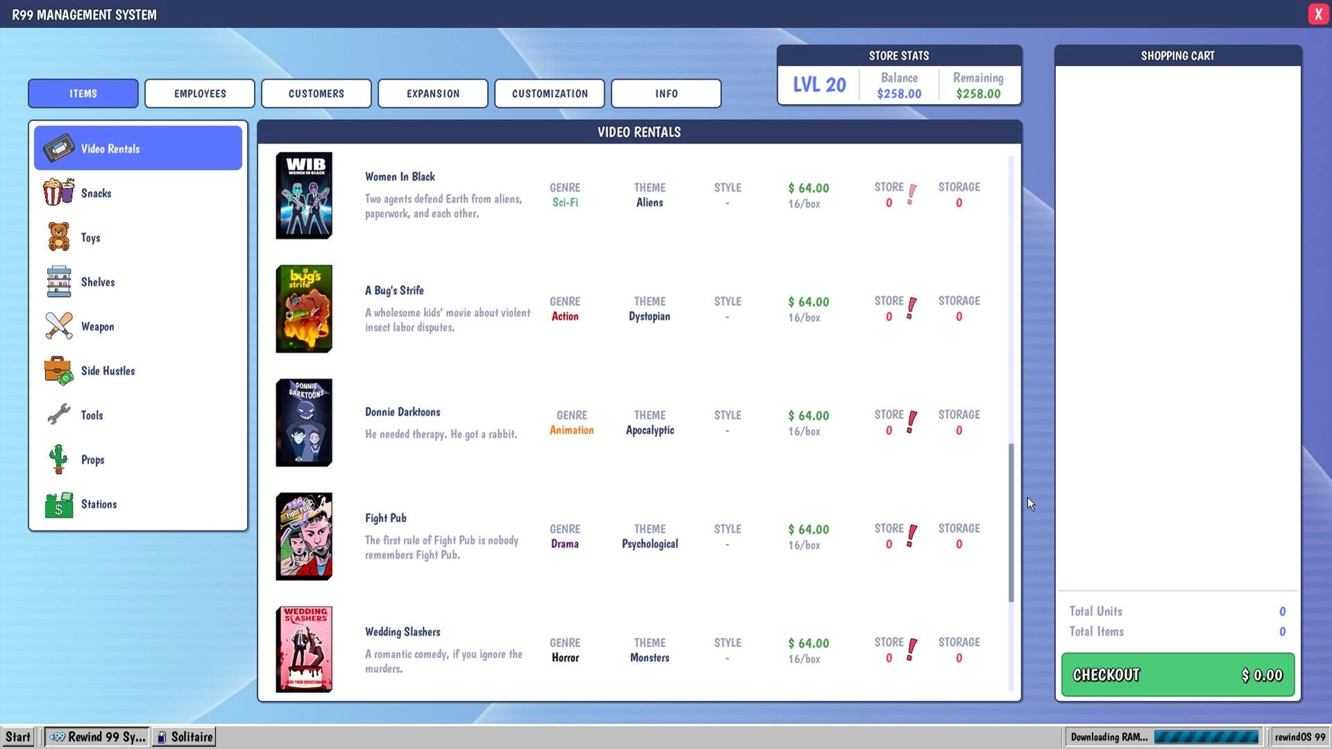 Rewind 99: Items menu listing video rentals with VHS titles, prices, and empty shopping cart UI.