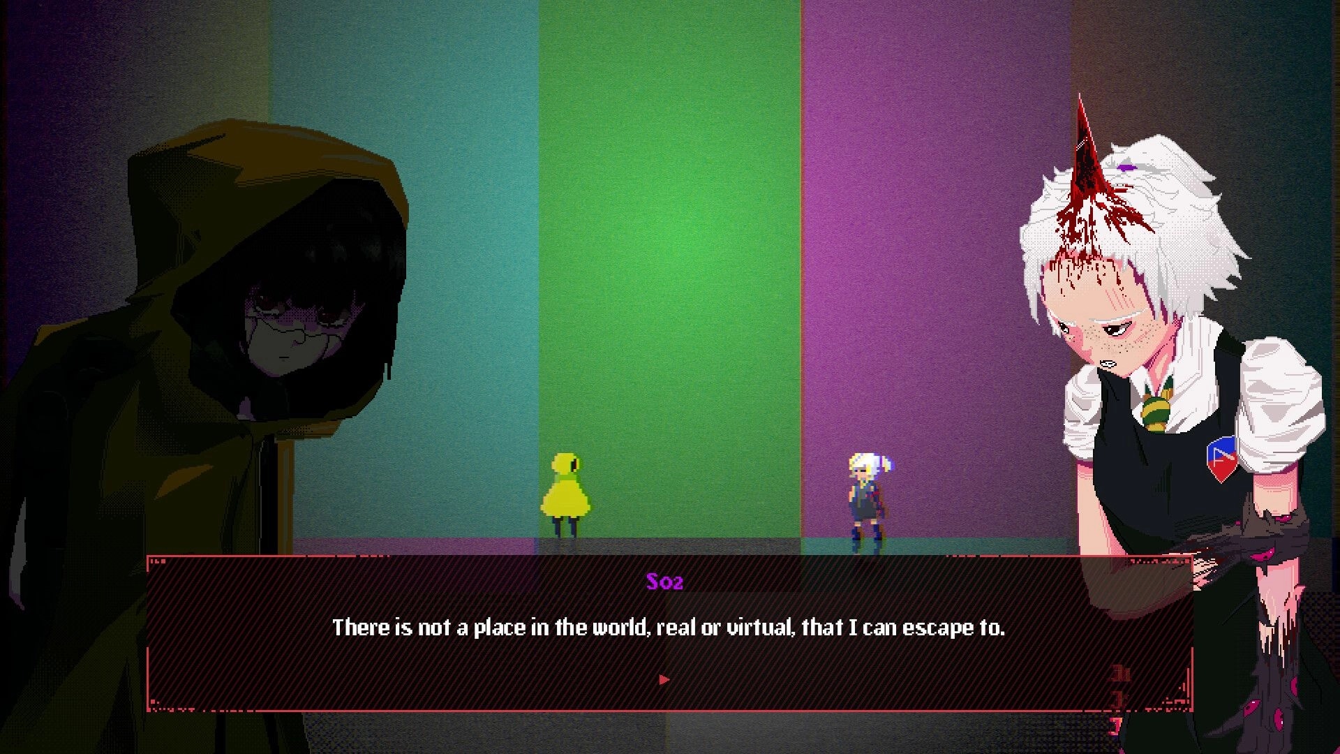 RGB: Dialogue scene with Soz and a hooded figure beside tiny sprites on a striped backdrop.