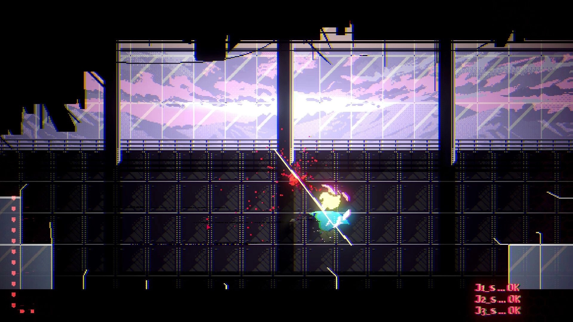 RGB: Glowing player avatar slashes diagonally, red hit sparks on dark grid platform by huge windows.