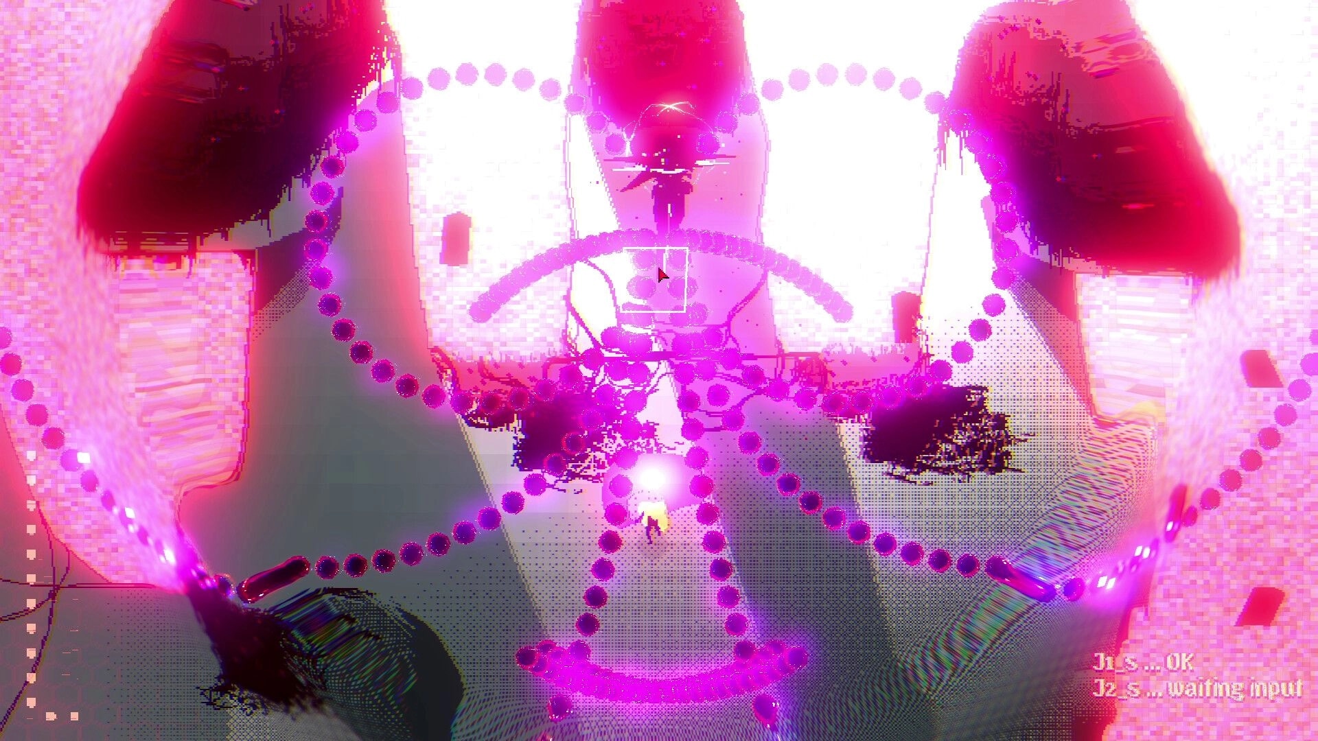 RGB: Bullet-hell boss fight with purple orb patterns and crosshair over a glitched humanoid arena.