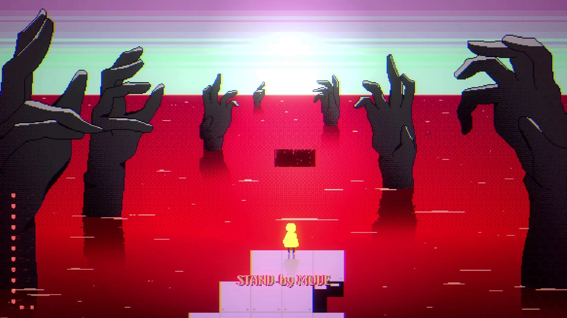 RGB: Player stands on a white platform over a red sea as giant hands rise, STANDBY MODE UI.