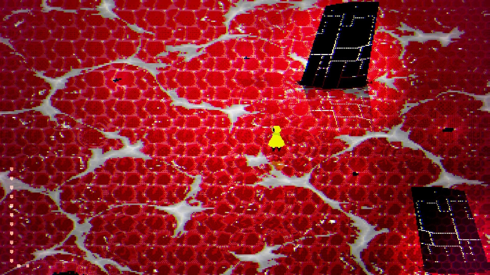 RGB: Yellow player dodges on red hex grid with white cracks, black blocky enemies and HUD icons left.