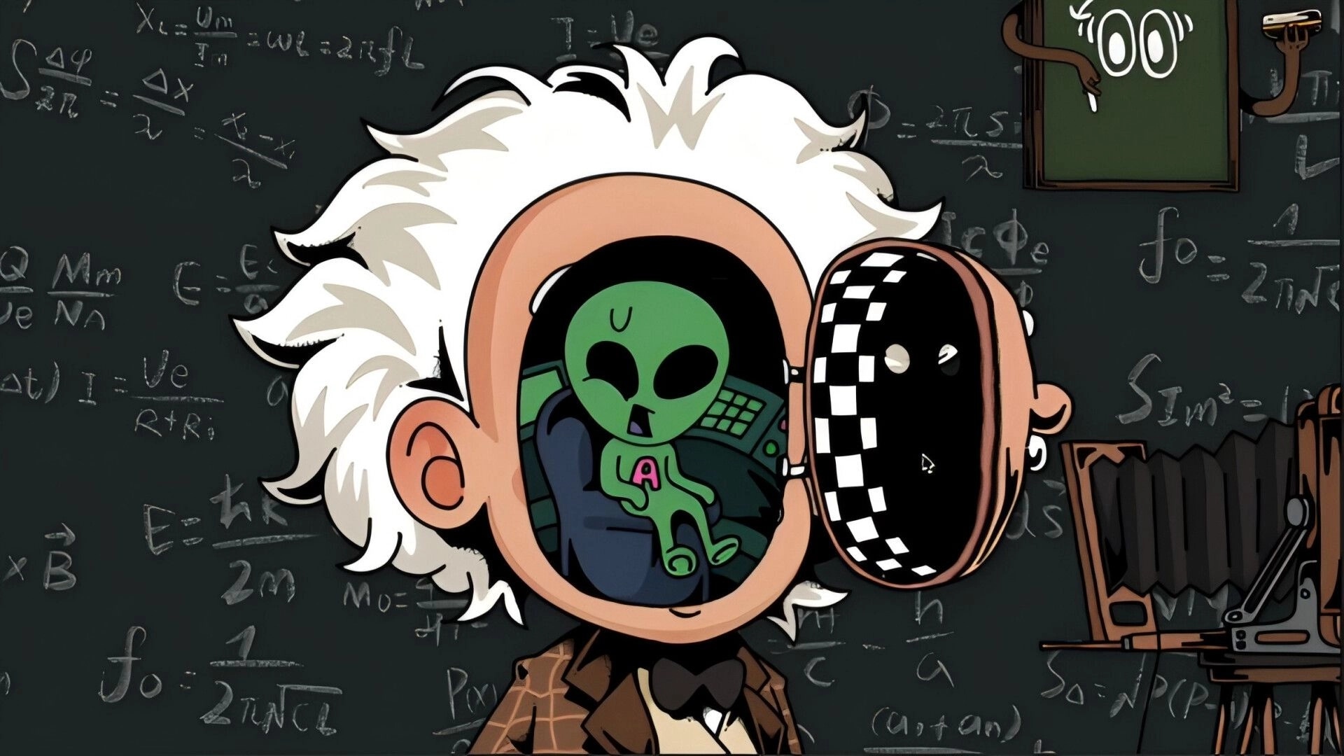 Rhythm Hotel: Alien controls human-like figure with classic chalkboard equations in background