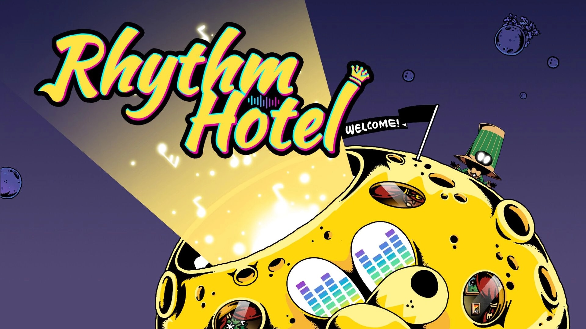 Rhythm Hotel: Bright moon surface with character peeking, windows showing lively scenes, welcome flag.