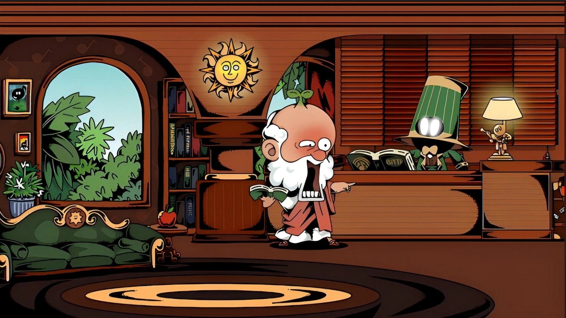 Rhythm Hotel: Quirky character reading in a cozy, plant-filled library with a sun wall decoration