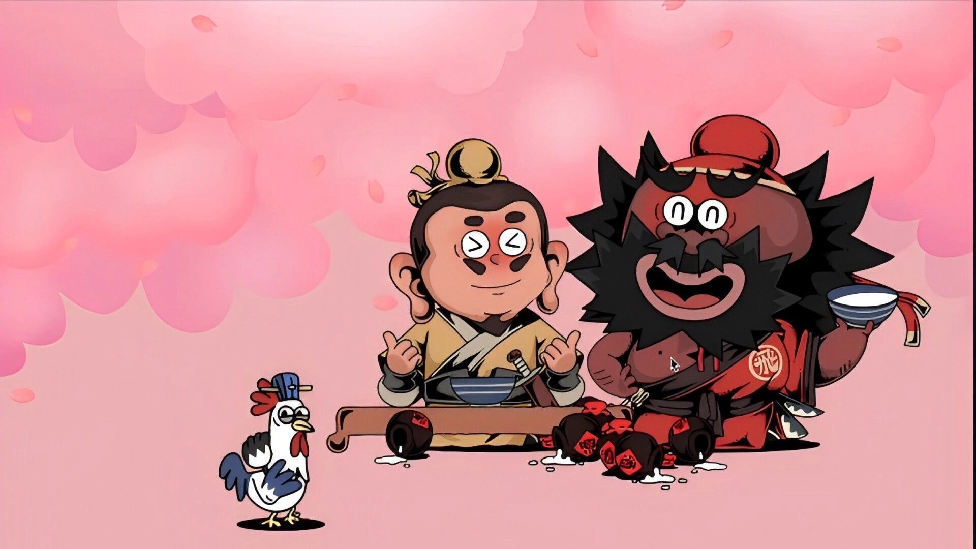 Rhythm Hotel: Two animated characters enjoy a meal with a chicken under pink clouds