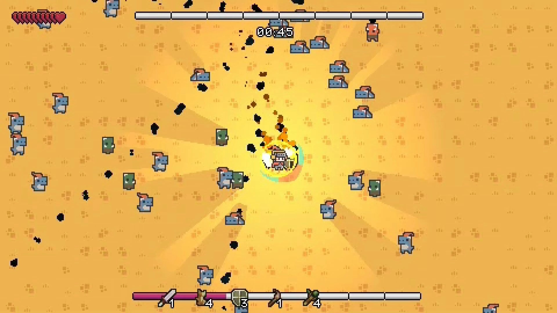 Rhythm Survivors: Armored hero in glowing shield fights swarming monsters on sandy field with UI bars.