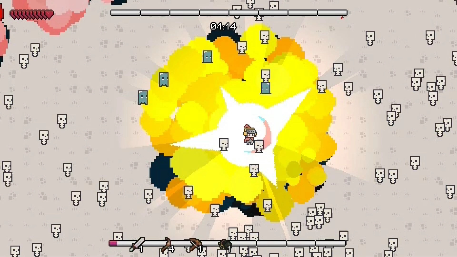 Rhythm Survivors: Player triggers huge yellow explosion amid skull mobs, beat bar and hearts UI visible.