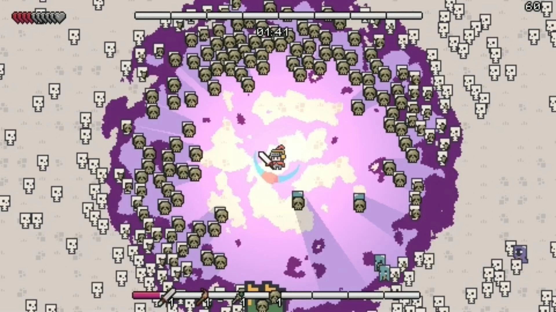 Rhythm Survivors: Knight swings sword in glowing purple blast ring, surrounded by skull mobs and UI bars.