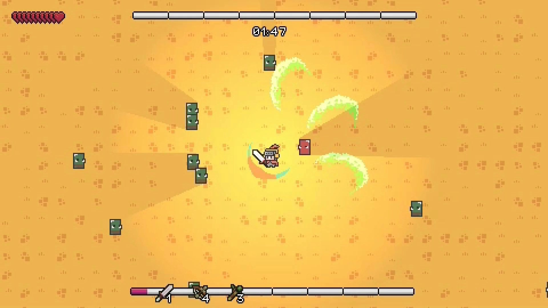 Rhythm Survivors: Knight slashes green enemies with swirling arcs on sandy arena, timer and bars visible.