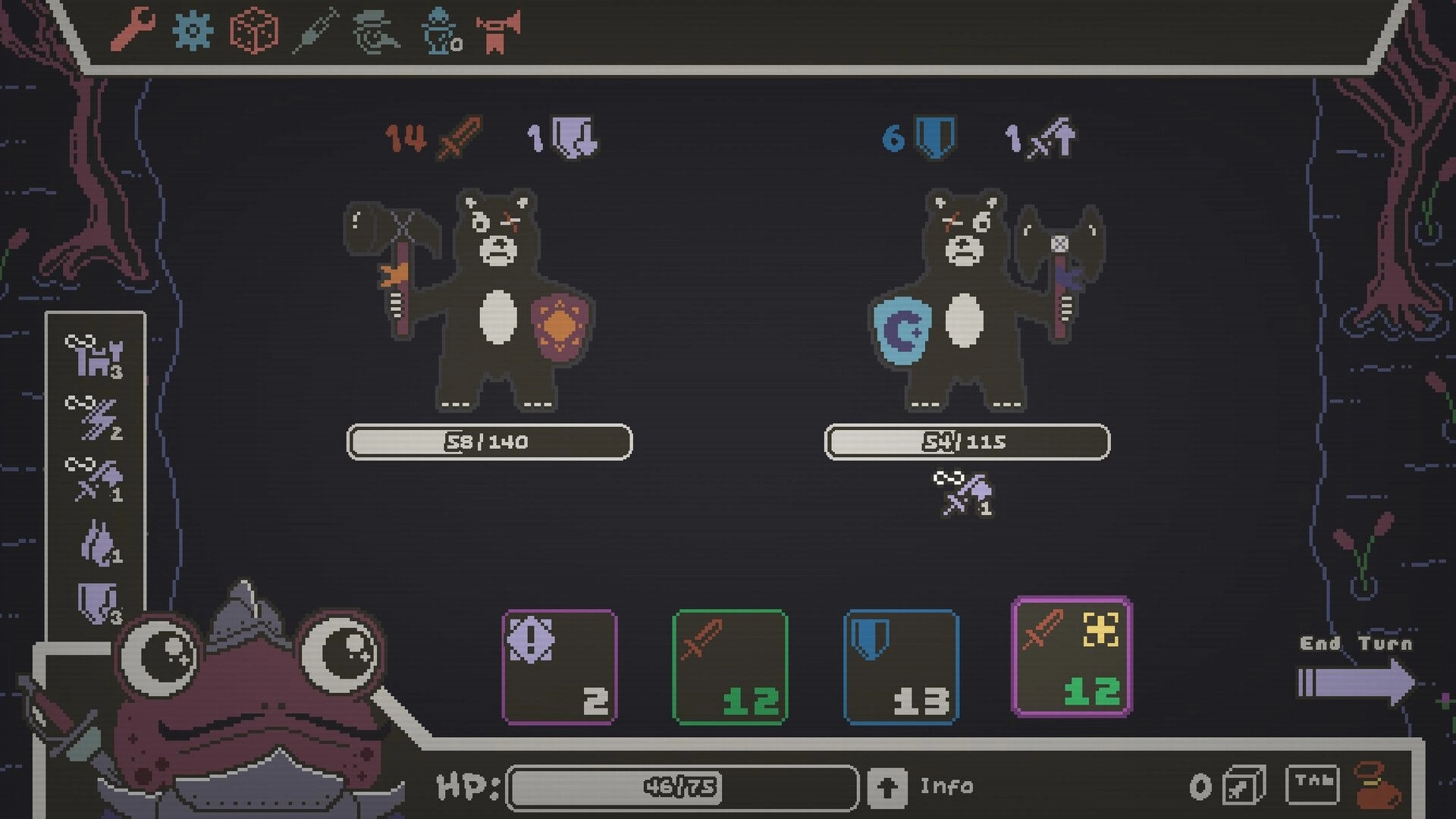 Ribbit Rogue: Turn-based combat UI with frog hero dice cards facing two shielded bear foes in cave.