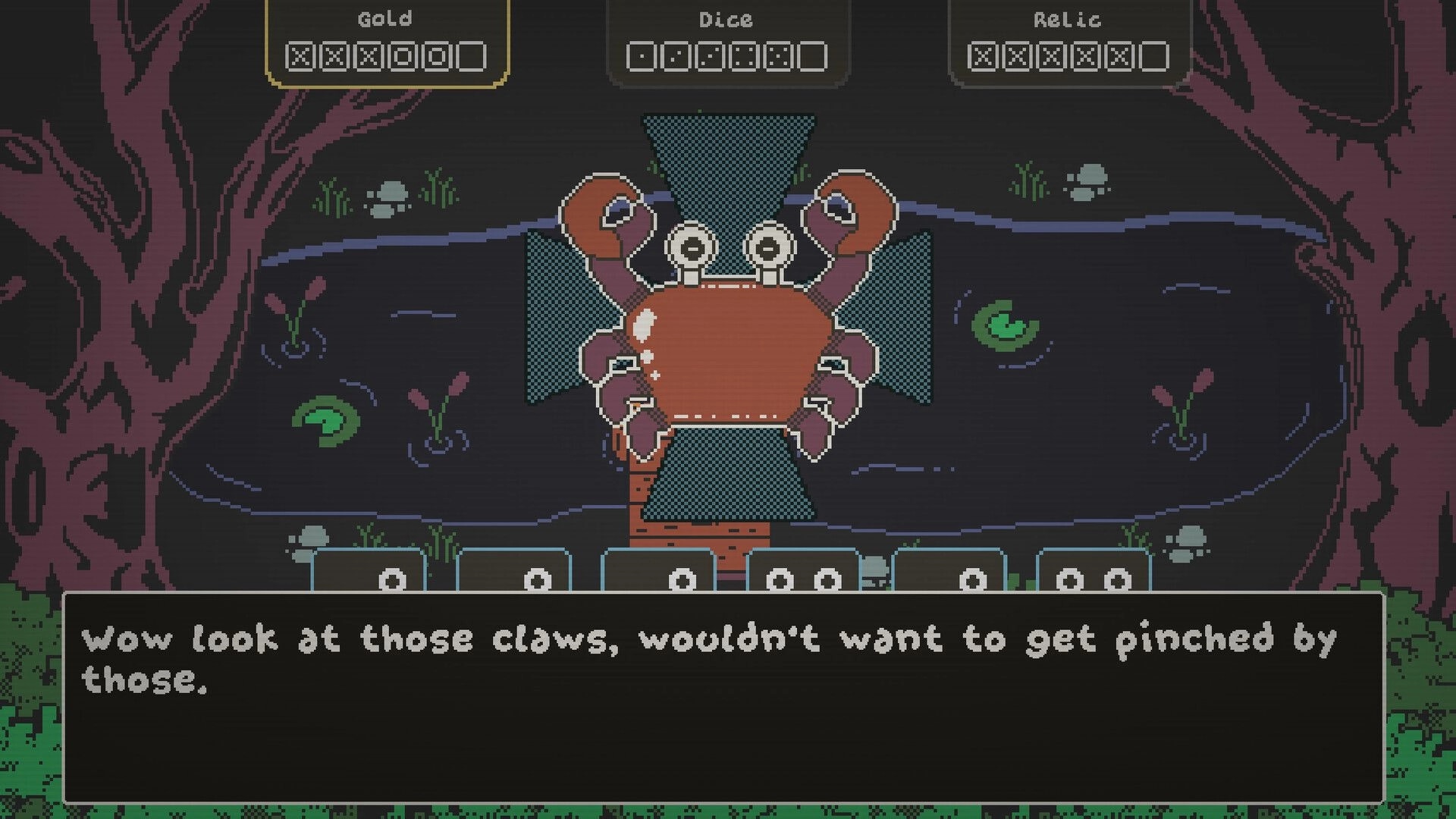 Ribbit Rogue: Crab encounter with dialogue box and gold/dice/relic UI in a dark swamp clearing.