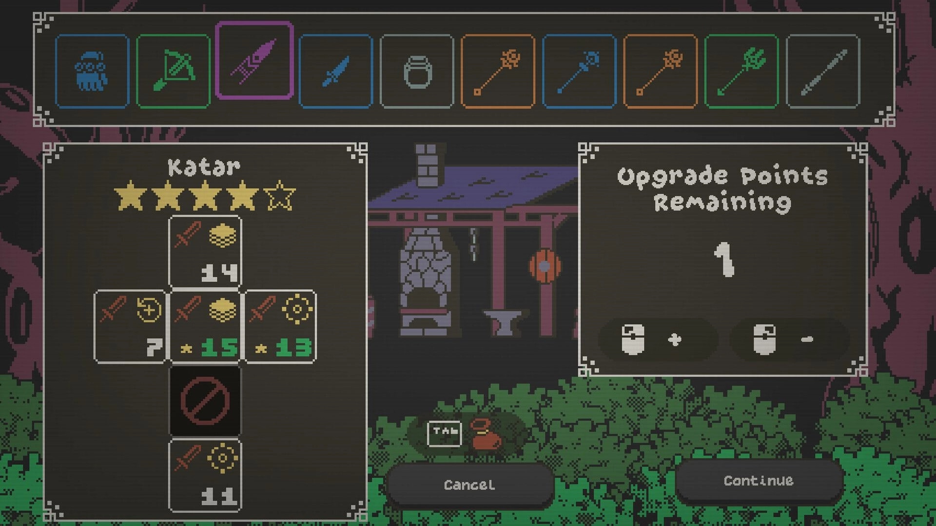 Ribbit Rogue: Katar dice upgrade menu with stat tiles and 1 point remaining in swamp forge UI.