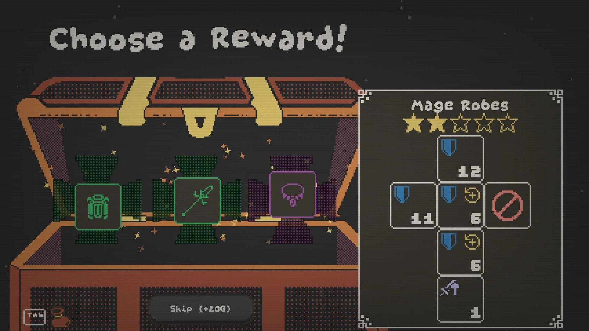 Ribbit Rogue: Choose a Reward chest screen with three item icons and Mage Robes stats panel.